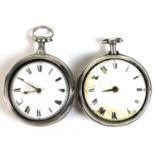 Two pair cased, verge escapement pocket watches, each with enamel dials, and Roman numerals, and