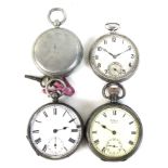 A group of three pocket watches and a WWII pocket compass, comprising a 1940s silver cased open