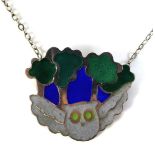 A silver and enamel necklace in the form of a grey owl flying in a midnight forest, enamelled in