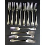 Twelve George III and later old English pattern silver dessert forks, five George III Hanoverian