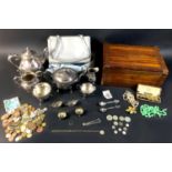 A collection of coins, silver, silver plate and vintage costume jewellery, including an 1859