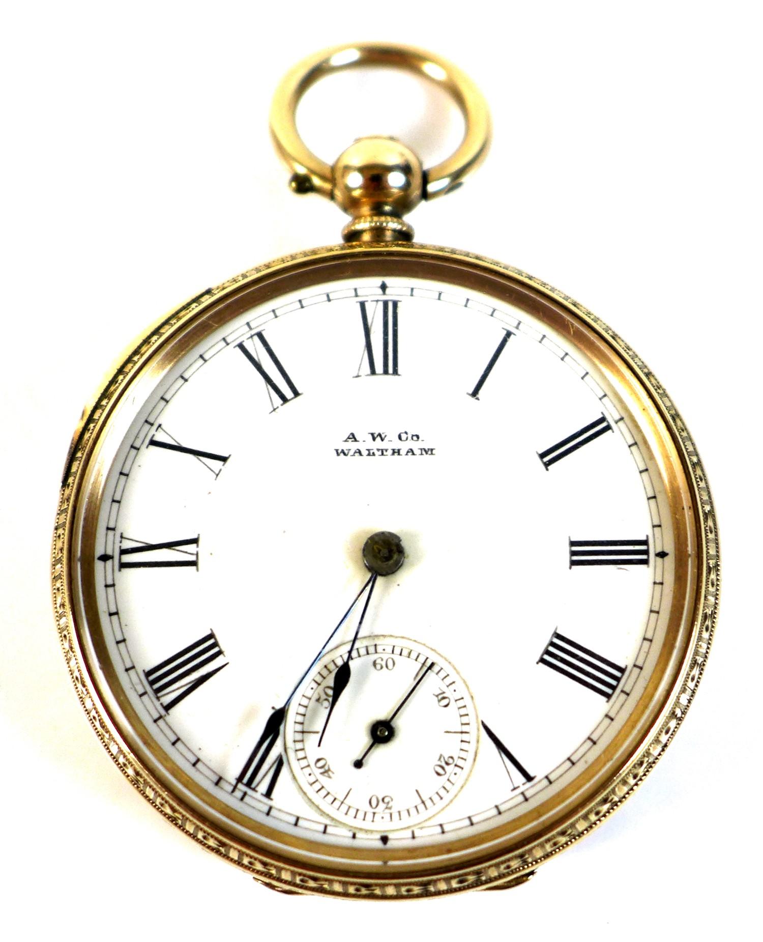 A Waltham 10ct gold open faced pocket watch, circa 1889, key wind, the white enamel dial with