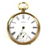 A Waltham 10ct gold open faced pocket watch, circa 1889, key wind, the white enamel dial with