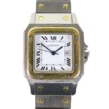 A Santos de Cartier two tone gold and stainless steel cased wristwatch, circa 1984, square white
