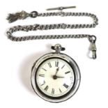 An early George III, mid 18th century, silver pair cased pocket watch, the white enamel dial with