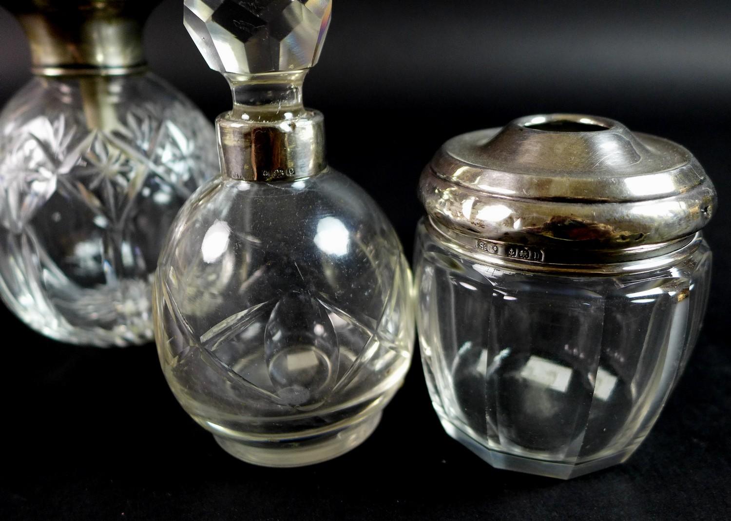 Three silver and cut glass dressing table items, comprising a silver and enamel topped atomiser, - Image 3 of 3