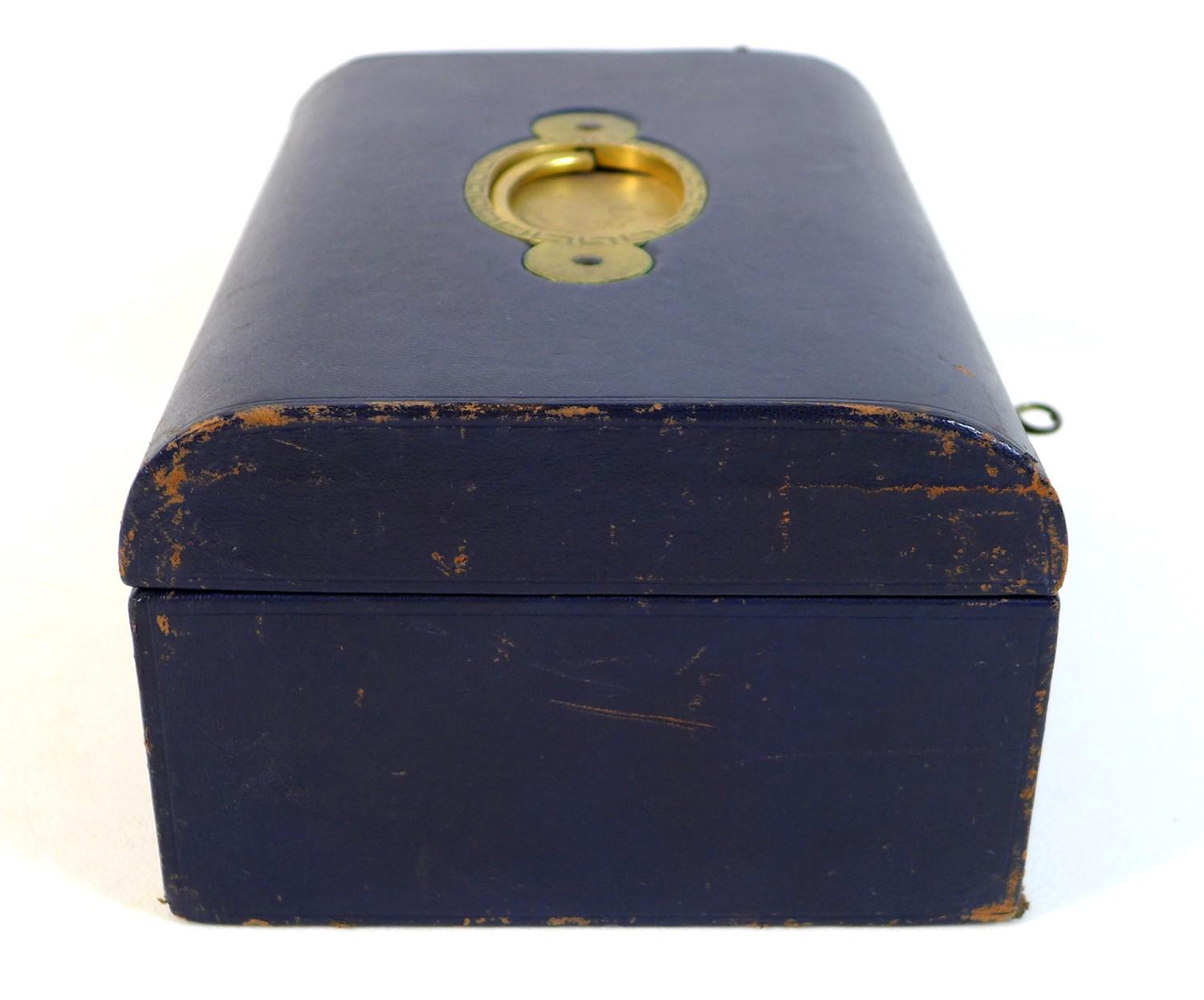 A late Victorian dark blue leather jewellery case, with gilt brass recessed handle with engraved - Image 10 of 11