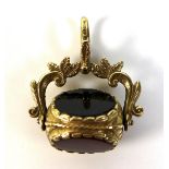 A 9ct gold swivel fob of triple stone design in scroll foliate setting, maker G Ltd 26.6 by 22.4