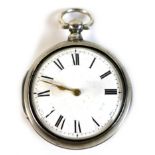 A George IV silver pair cased pocket watch, with white enamel face, Roman numerals and gilt hands,