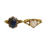 Two 9ct gold rings, one with a heart shaped opal style stone, 6 by 6mm, size M, 1.5g, the other with