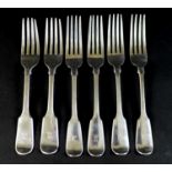 Six Victorian silver fiddle pattern table forks, all finials engraved with a bull atop a parapet