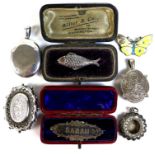 A group of Victorian and later silver jewellery, comprising a fish brooch, with red stone eye,