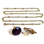 A group of 9ct gold jewellery comprising an amethyst fob, with pierced scroll mounts, stone 20.2mm