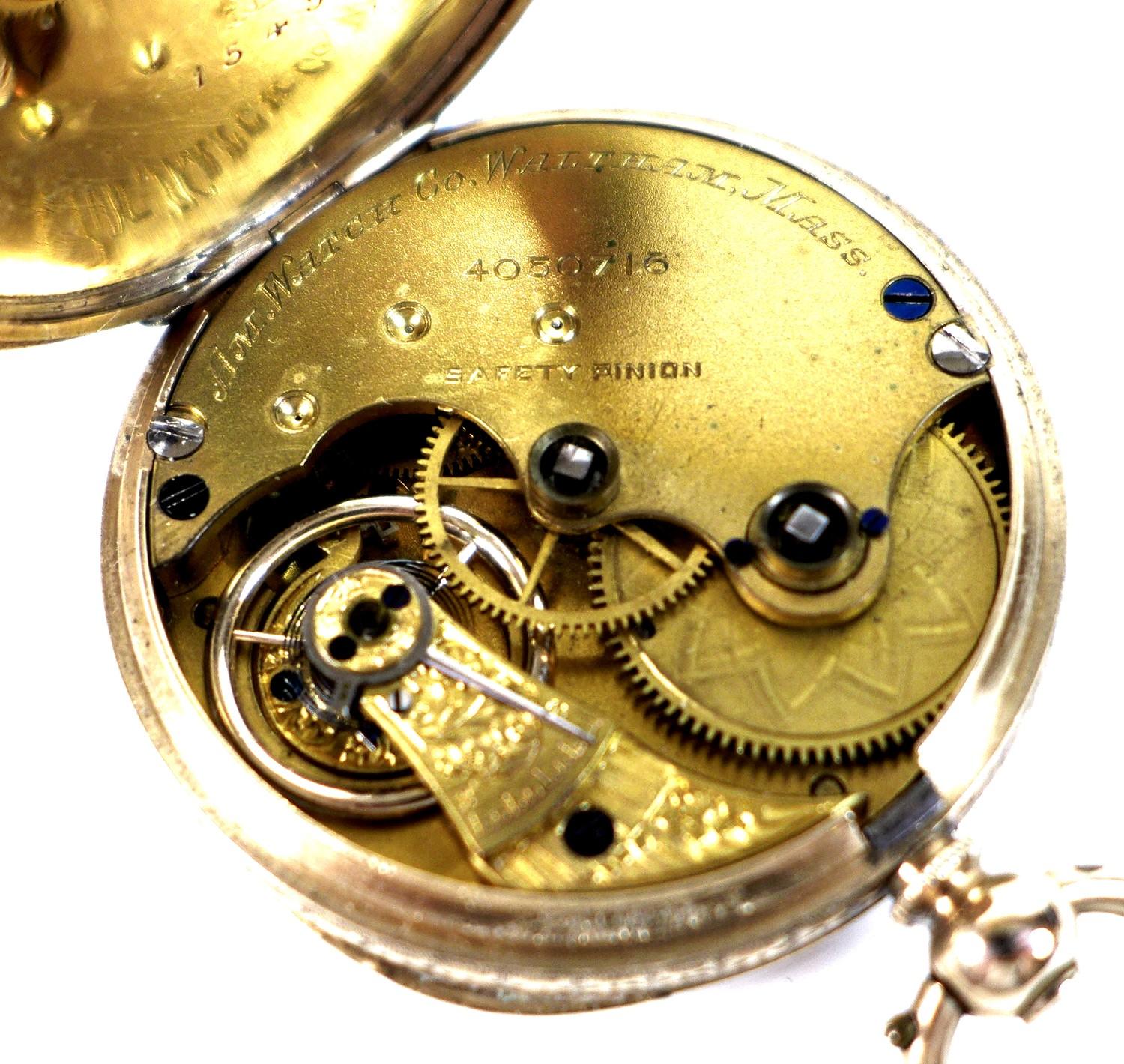 A Waltham 10ct gold open faced pocket watch, circa 1889, key wind, the white enamel dial with - Image 4 of 9