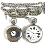 A silver cased half-hunter keyless wind pocket watch, Swiss made, marked to the enamel face for J.