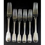 Six George IV and later silver fiddle pattern forks, comprising three George IV dessert forks,