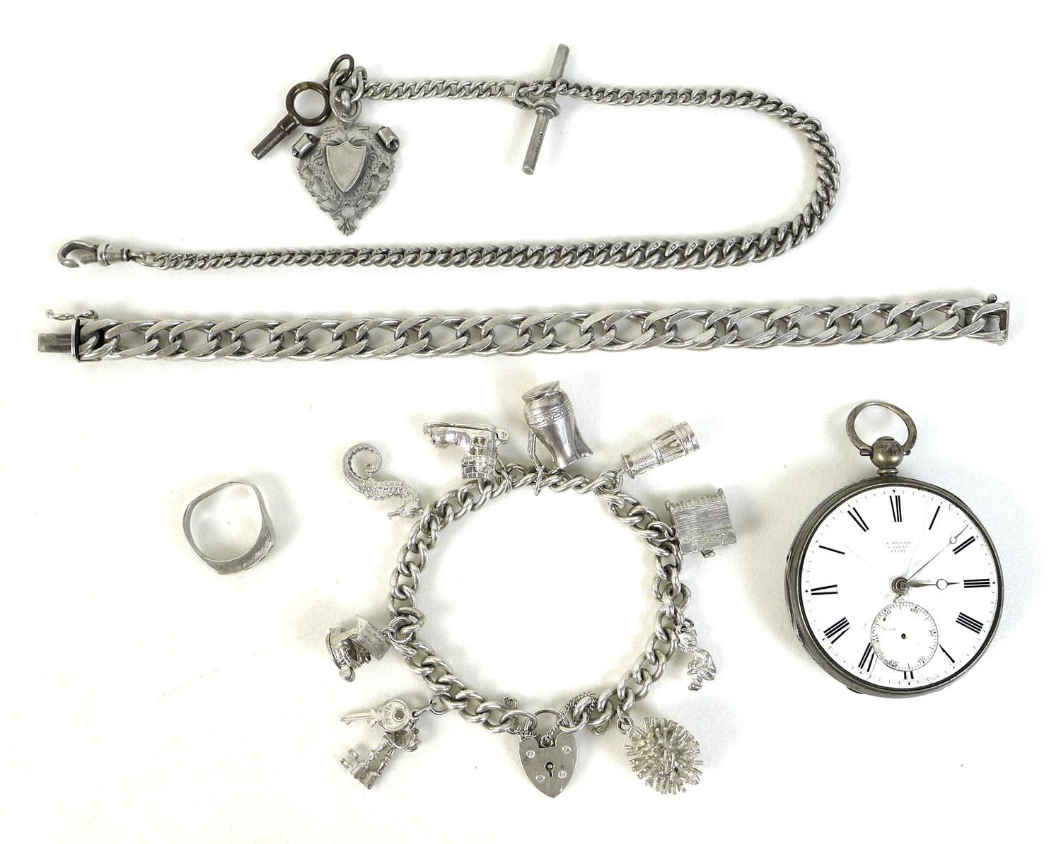 Five Victorian and later silver items, comprising an Edward VII Albert chain, 33cm long, with