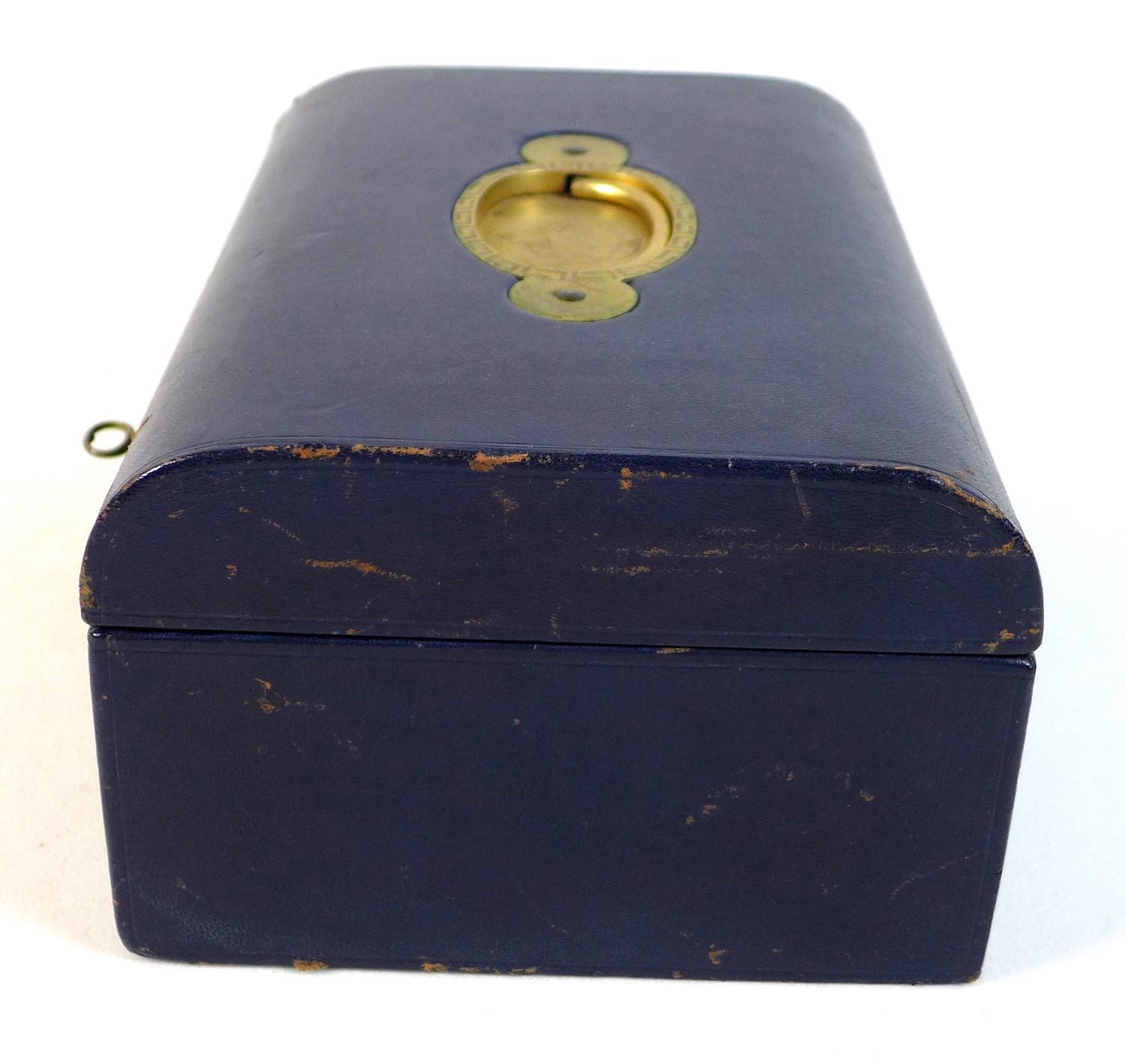 A late Victorian dark blue leather jewellery case, with gilt brass recessed handle with engraved - Image 8 of 11