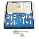 A set of six George VI silver teaspoons and matching sugar tongs, Sheffield 1944, Walker and Hall,