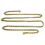 An unmarked yellow gold necklace, with loop links, testing as between 14ct and 18ct, a/f some