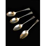 Two pairs of silver table spoons, Old English pattern, comprising a George III pair, terminals