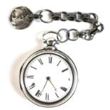 A William IV silver pair cased key wind pocket watch, the white enamel dial with black Roman