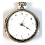 A George III silver pair cased pocket watch, with white enamel face, Arabic numerals and gilded