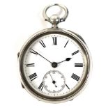 A Victorian silver open faced pocket watch, the white enamel dial with black Roman numerals,