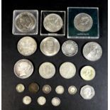 A group of George III and later coinage, including a George III half crown, 1817, a Victorian crown,