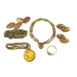 A group of 9ct gold jewellery, comprising a gate-link charm bracelet, a ring set with coral and