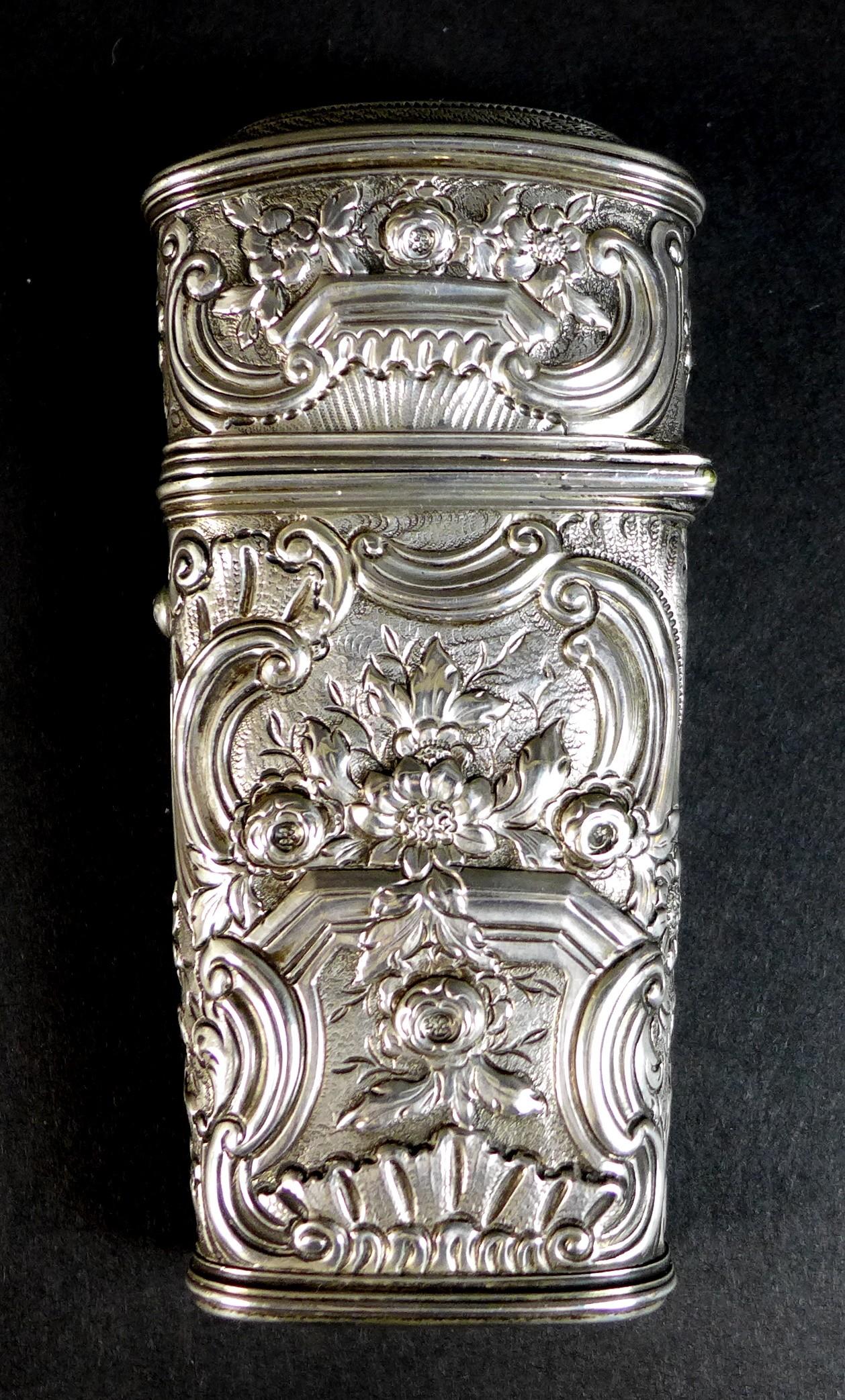 A late 18th or early 19th century silver coloured metal etui, of tapered rectangular form, chased - Image 10 of 11