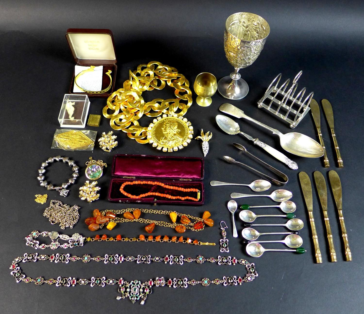 A collection of costume jewellery, silver and silver plated items, including a Ken Lane