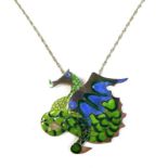 A silver and enamel necklace in the form of a dragon, enamelled in blues and greens, on sterling