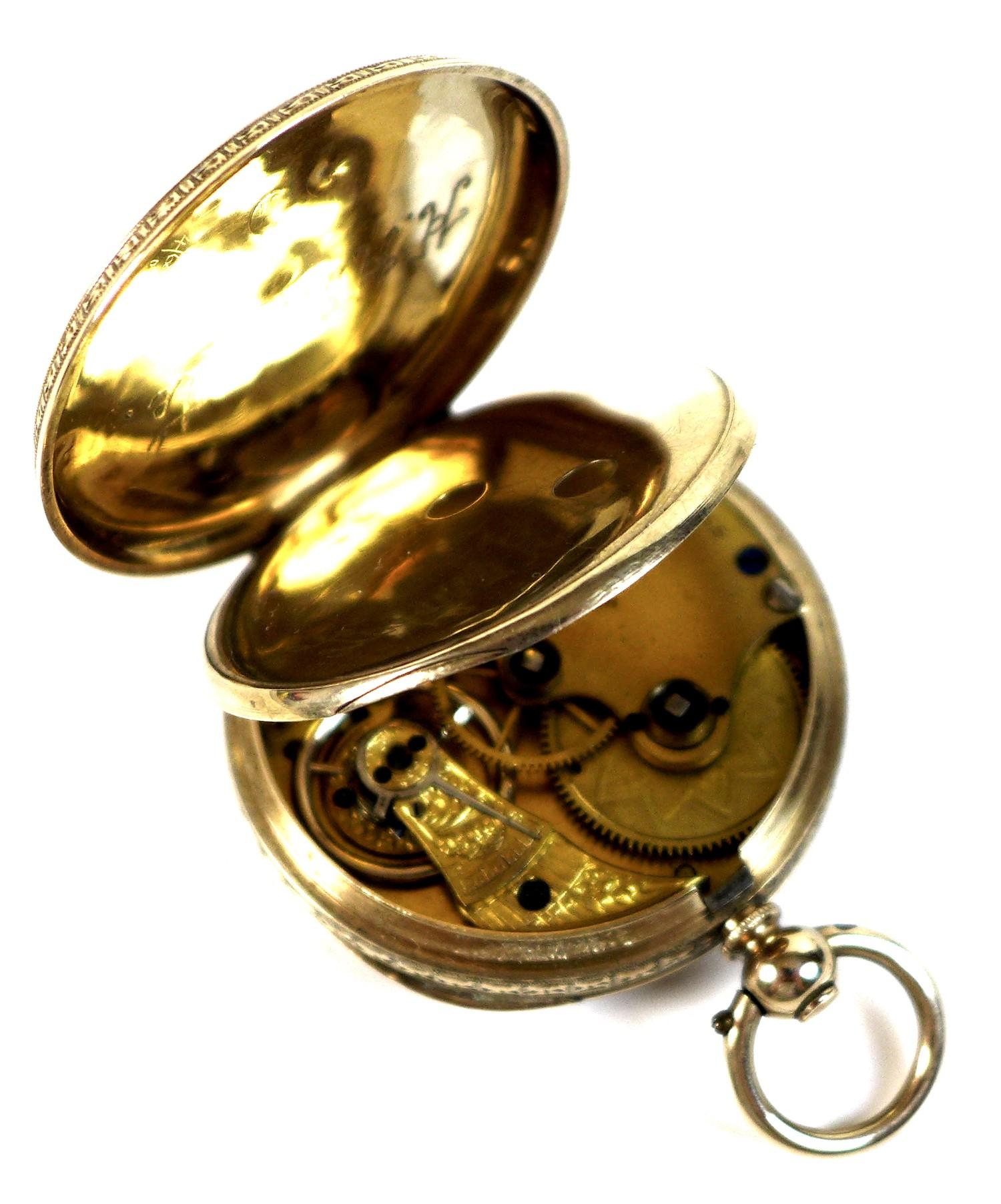 A Waltham 10ct gold open faced pocket watch, circa 1889, key wind, the white enamel dial with - Image 3 of 9