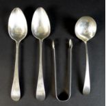 Four pieces of George II and later silver, comprising a George II sauce ladle, its finial engraved