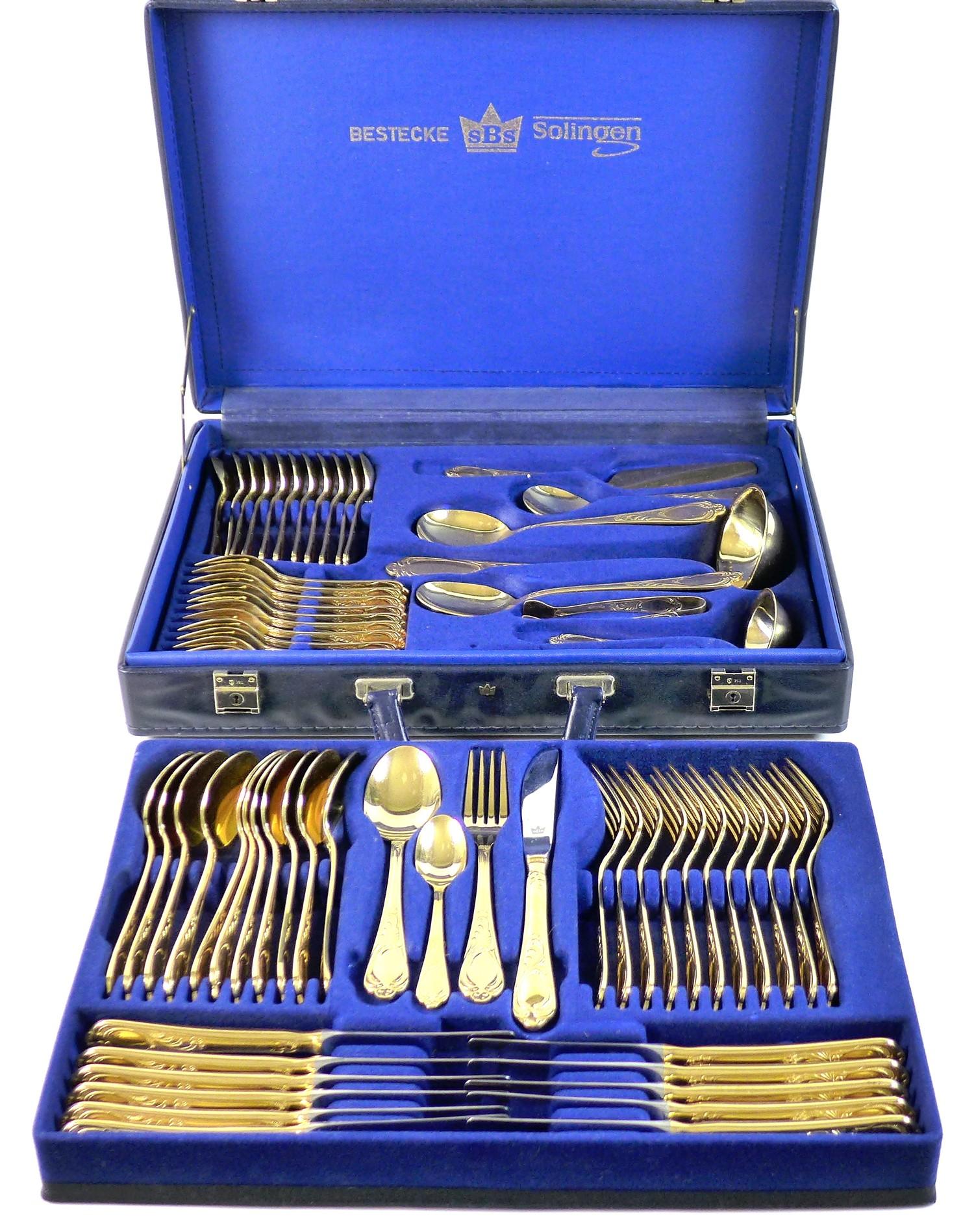 A canteen of SBS Bestecke Solingen 24ct gold plated flatware, in leatherette case.