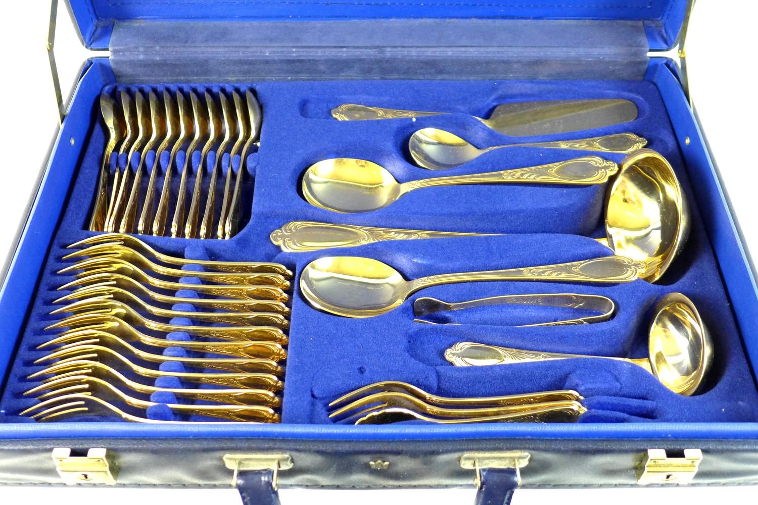 A canteen of SBS Bestecke Solingen 24ct gold plated flatware, in leatherette case. - Image 2 of 6