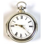 An 18th century silver pair cased verge escapement pocket watch, with white enamel face, Roman