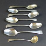 Six George III silver spoons, comprising five George III old English pattern dessert spoons, with '