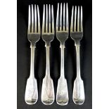 Four silver fiddle pattern table forks, comprising a pair of Victorian forks with the initial 'A'