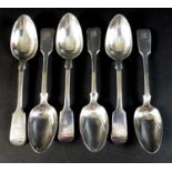 Six Victorian silver fiddle pattern dessert spoons, all with finials engraved with the initial 'B',,