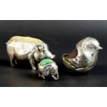 A group of Edwardian animal novelty pin cushions, comprising a pig, Henry Matthews, Birmingham 1906,