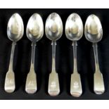 Five George IV and Victorian silver fiddle pattern dessert spoons, comprising three George IV