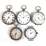 Four silver cased pocket watches, together with a silver watch head converted from a pocket