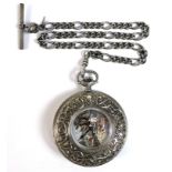 A Franklin Mint silver half hunter pocket watch and silver Albert Chain, the half hunter with