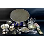 A collection of silver plated items, including a large oval galleried silver plated tray with four
