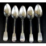 Five Georgian silver fiddle pattern table spoons, comprising a pair of George III spoons, each