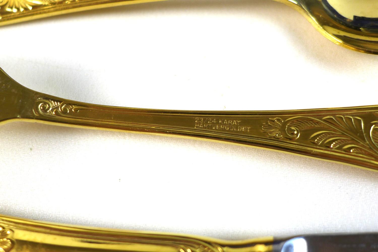 A canteen of SBS Bestecke Solingen 24ct gold plated flatware, in leatherette case. - Image 5 of 6