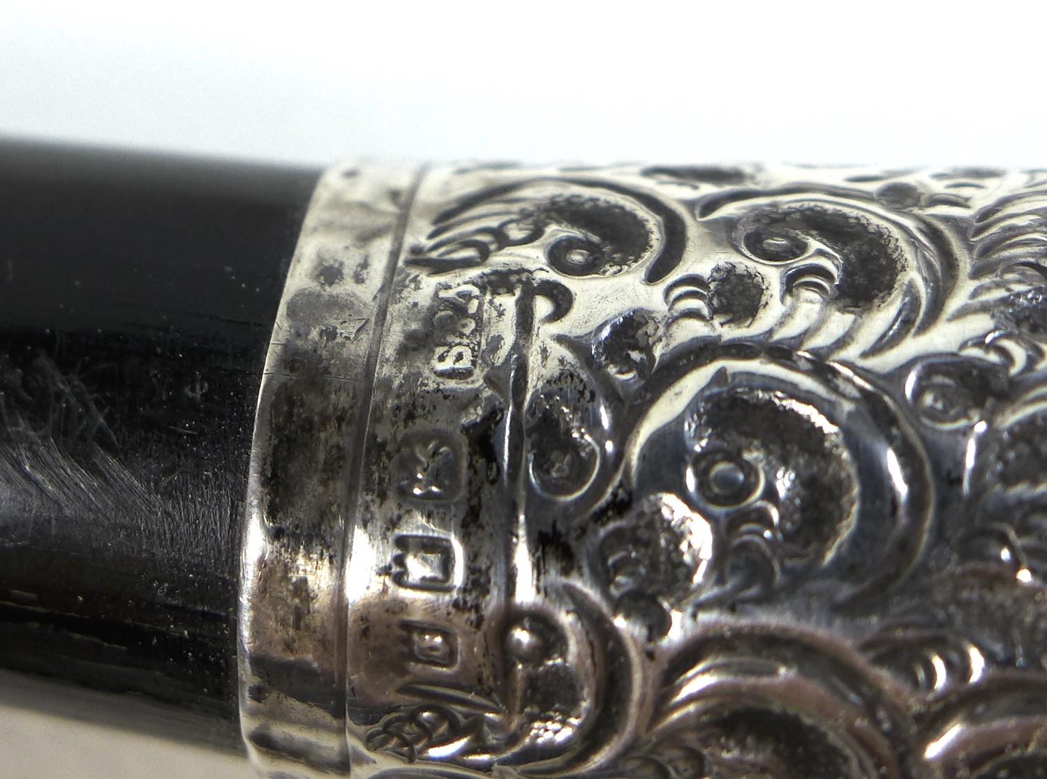 Two George V silver topped ebonised canes, one with a repousse wave patterned handle, and a silver - Image 5 of 6
