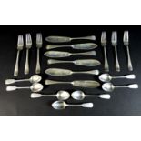 A group of Victorian and later silver flatware, comprising seven Victorian old English fiddle